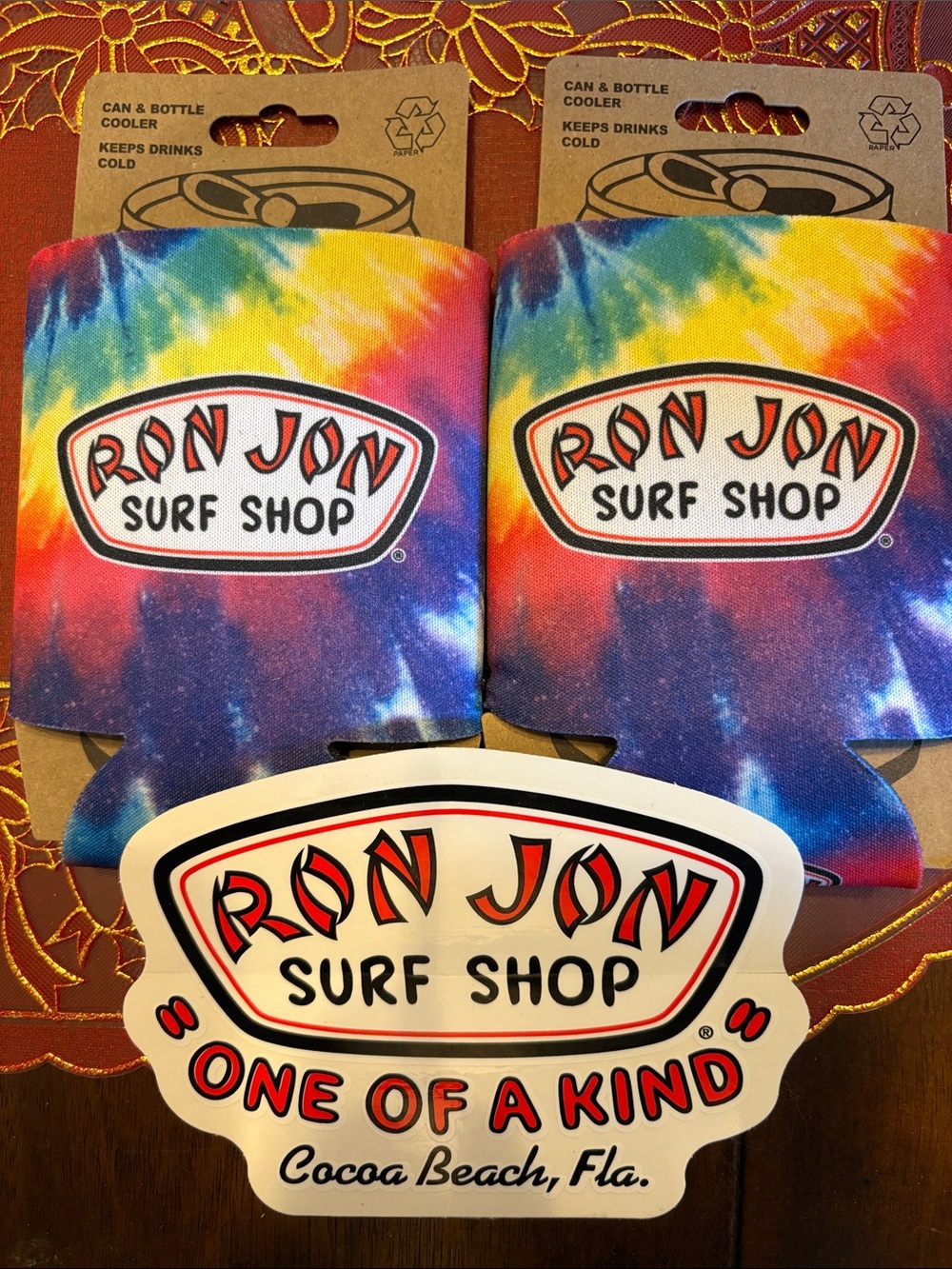 Ron Jon Tie-Dye Can & Bottle Cooler - Rainbow Tie-Dye x 2 plus a sticker